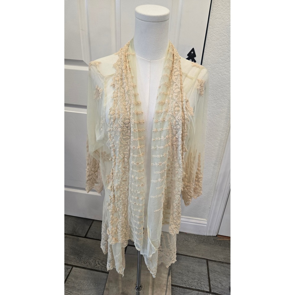 Apparel Love Cream Sheer Mesh Embroidered‎ Lace Trim Cardigan Kimono Small Boho